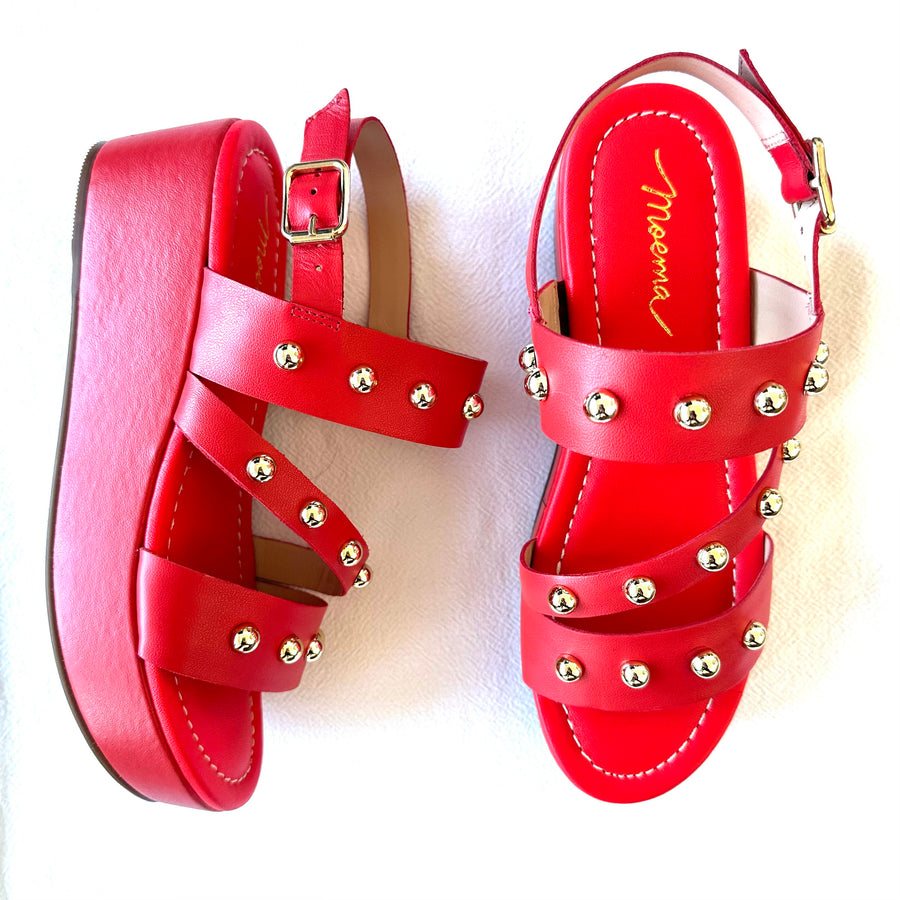 Moema Harriott Triple Strap  Embellished Wedge Sandal Red