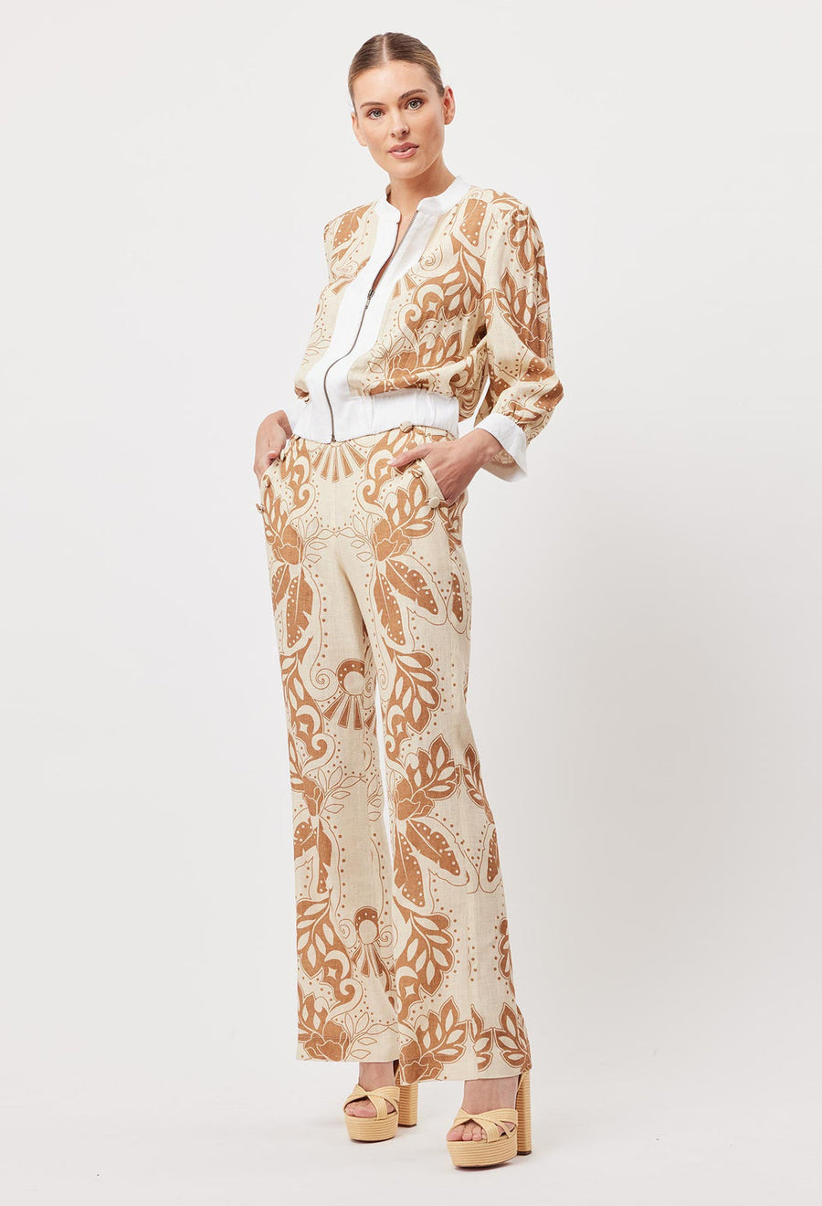 OnceWas Flores Linen Viscose Flared Pant In Arena del Sol