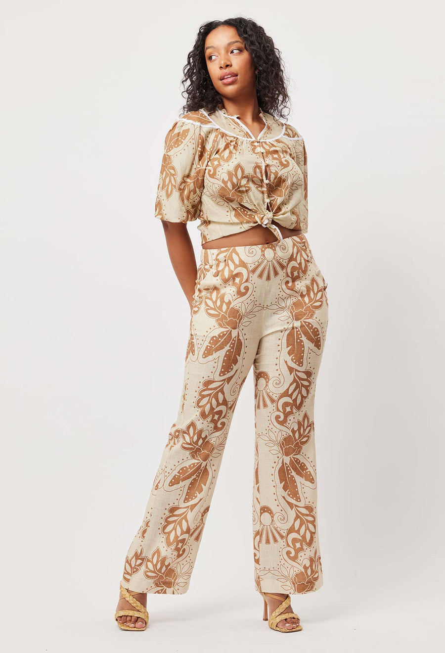 OnceWas Flores Linen Viscose Flared Pant In Arena del Sol