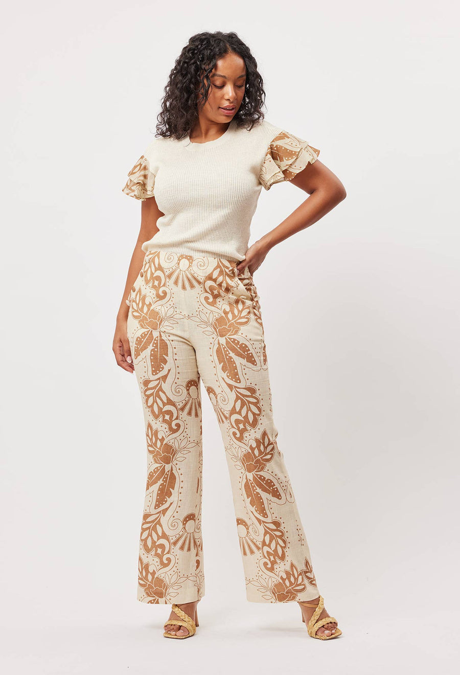 OnceWas Flores Linen Viscose Flared Pant In Arena del Sol