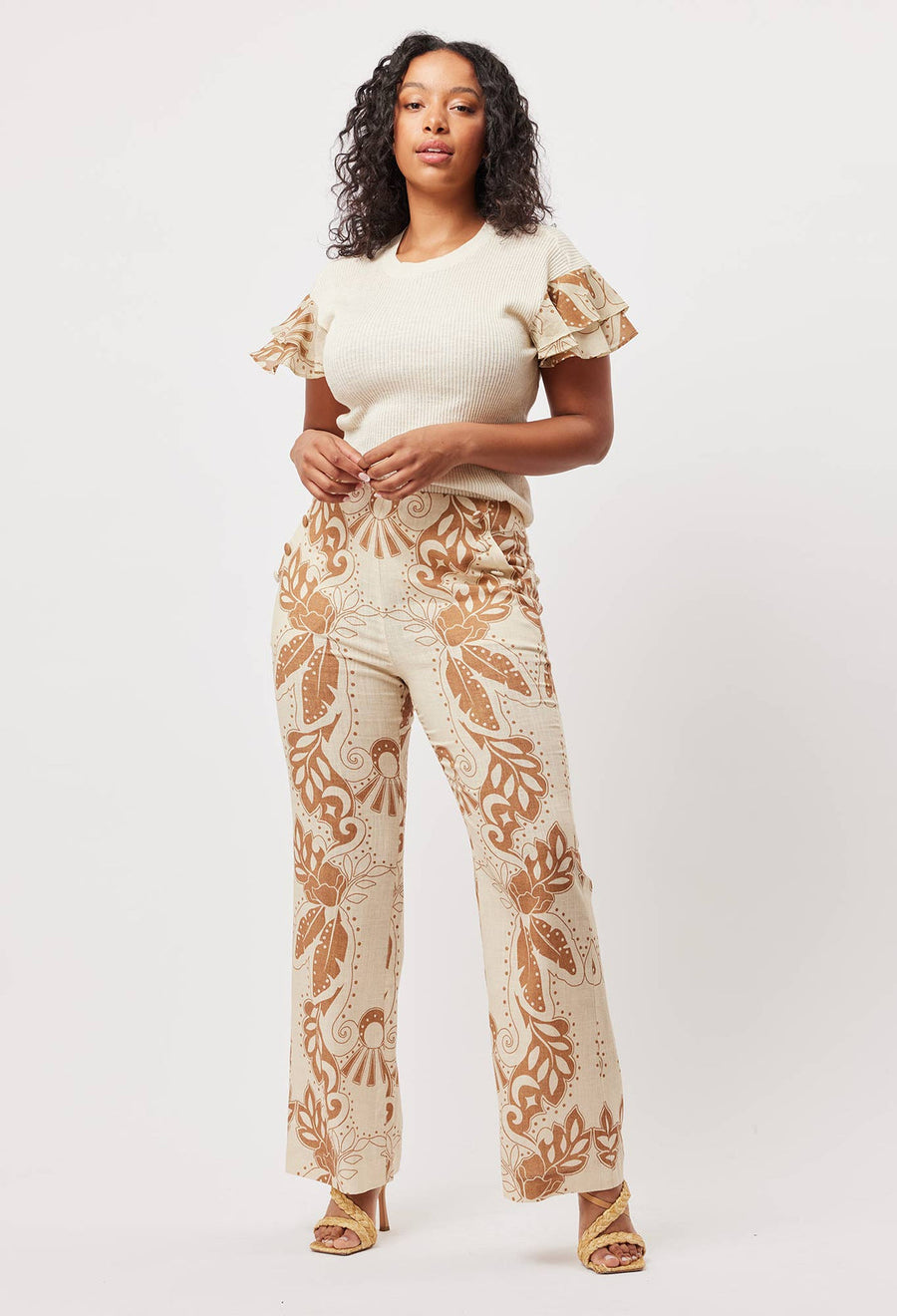 OnceWas Flores Linen Viscose Flared Pant In Arena del Sol