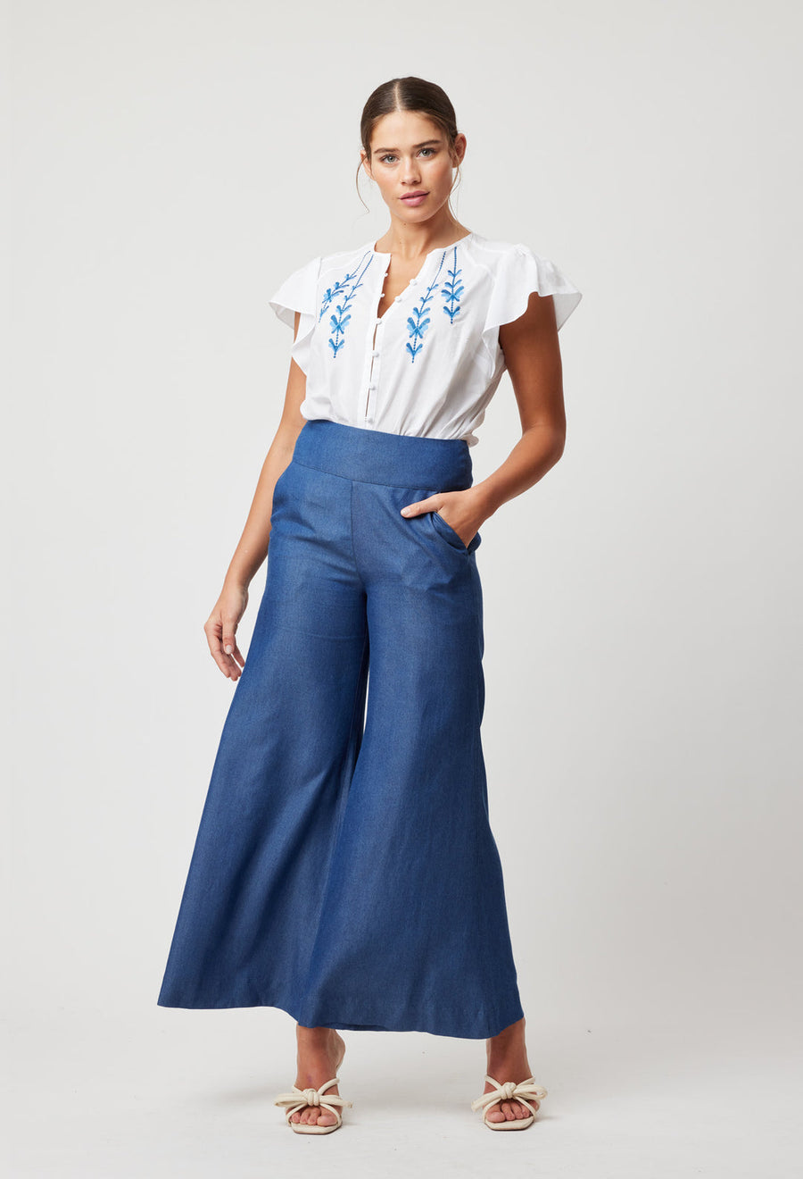 OnceWas Panama Tencel Wide-Leg Pants in Dark Denim