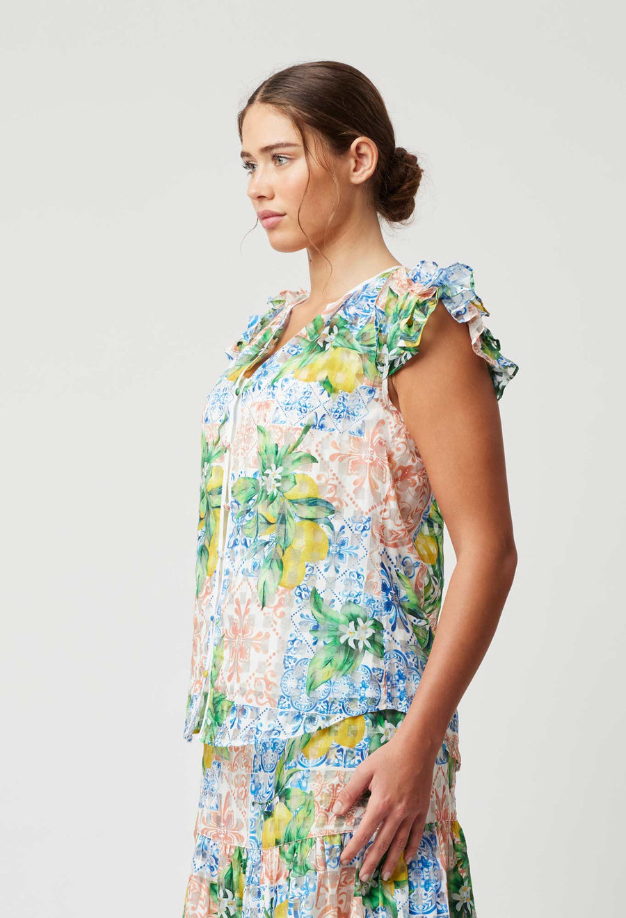 OnceWas Elena Cotton Silk Self-Check Blouse in Limonata