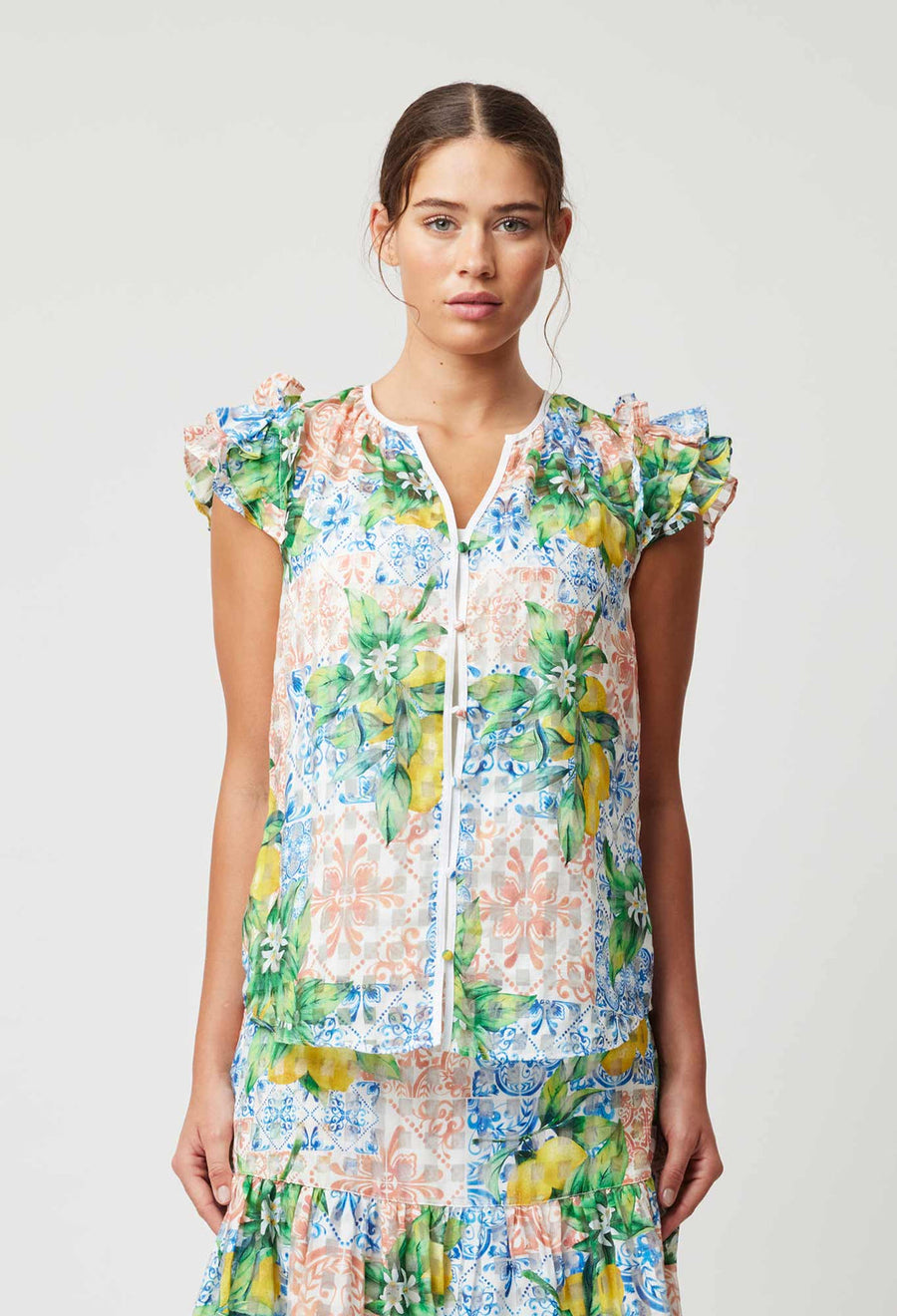 OnceWas Elena Cotton Silk Self-Check Blouse in Limonata