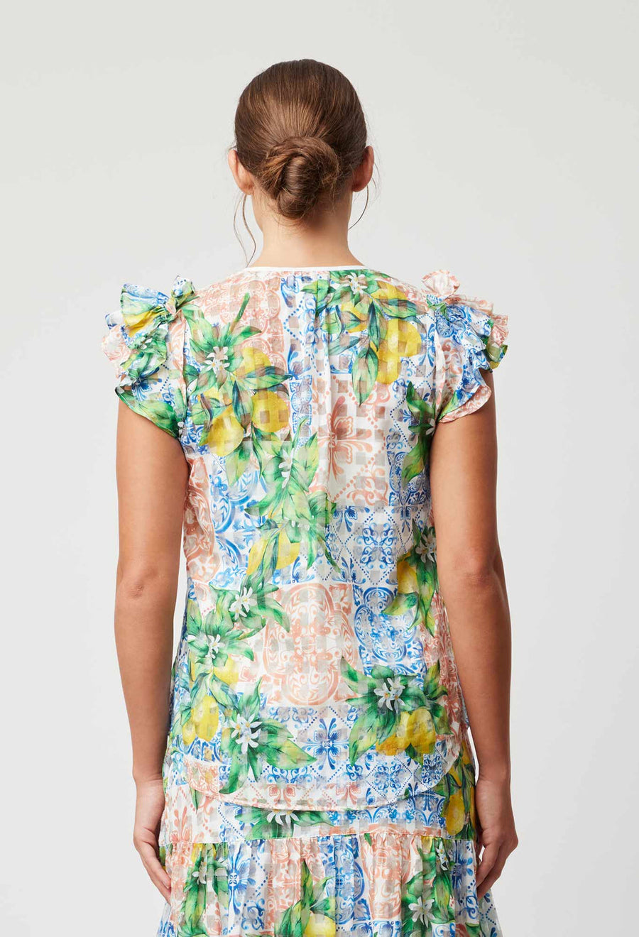 OnceWas Elena Cotton Silk Self-Check Blouse in Limonata